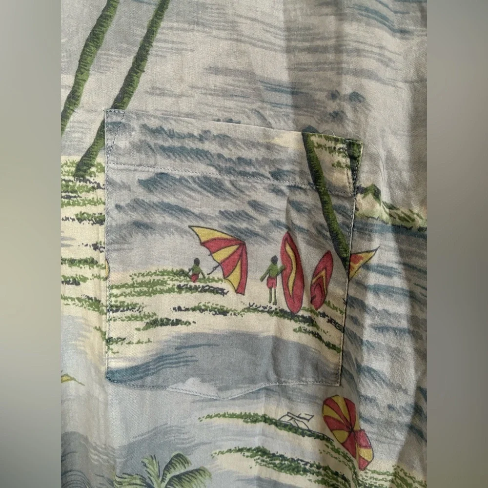 J Crew Shirt Men Medium Chambray Hawaiian Palm Tree Shirt Beach Lightweight